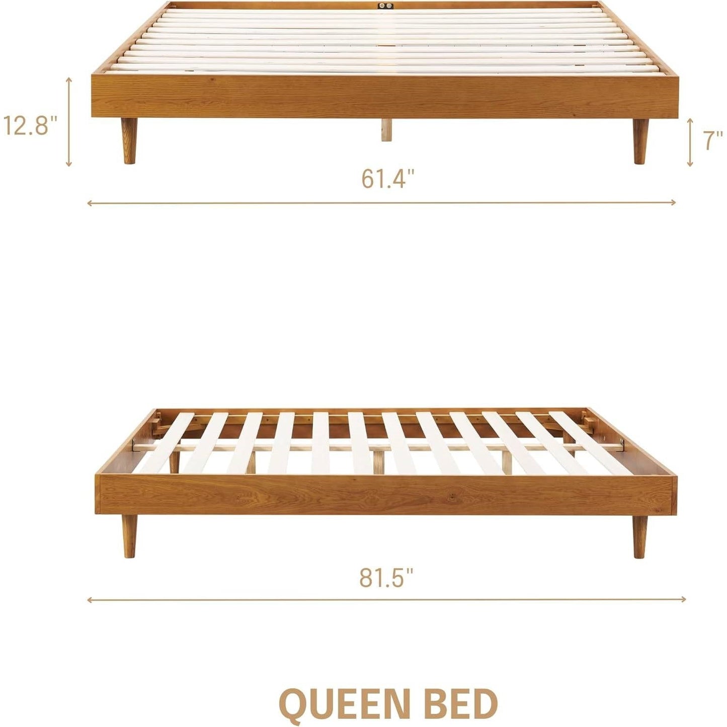 Base de cama Queen de plataforma estilo Mid-Century Modern con acabado de madera clara