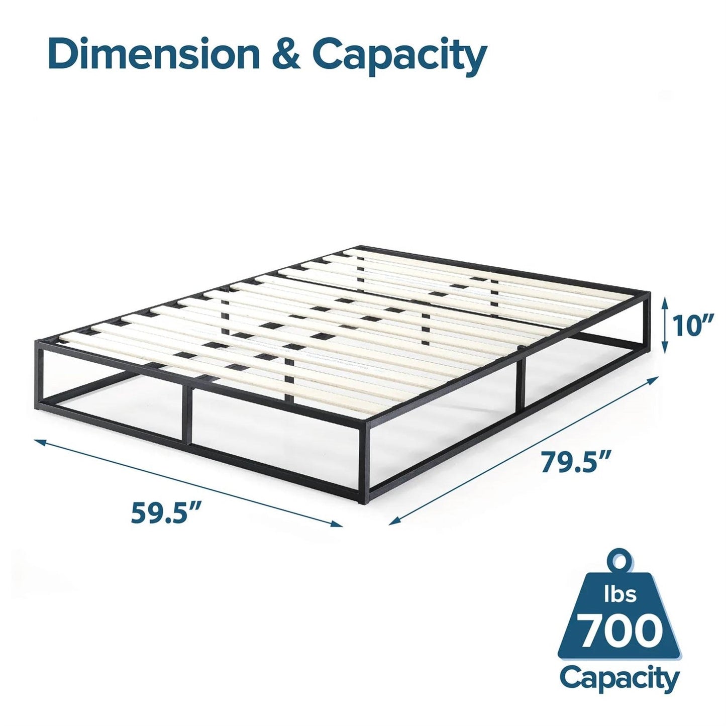 Base de cama tipo plataforma moderna de metal y madera con listones, tamaño Queen, perfil bajo de 10 pulgadas