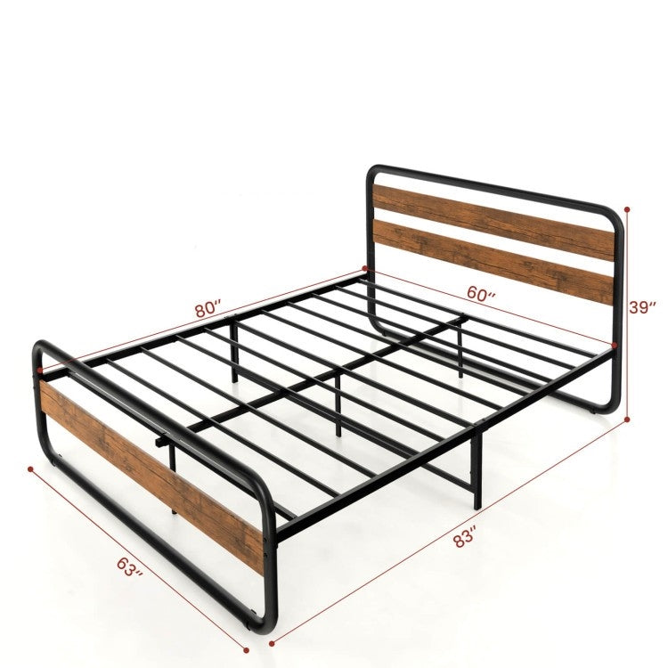 Cama Queen de plataforma industrial de madera y metal con cabecero y piecero