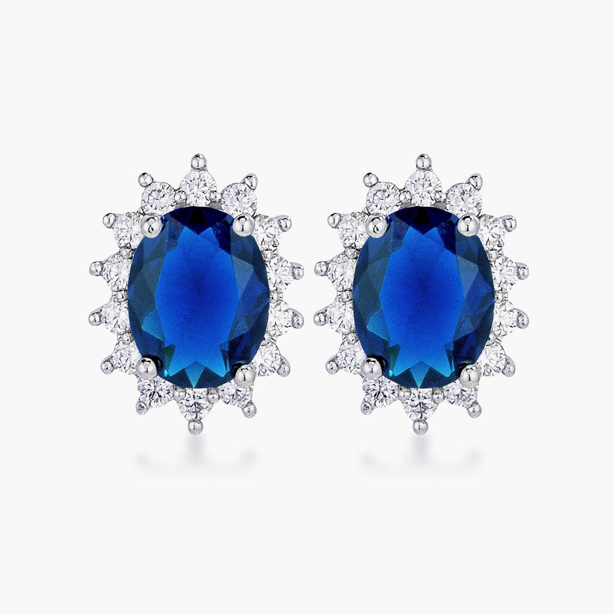 Rhodium Plated Sapphire Blue Petite Royal Oval Earrings