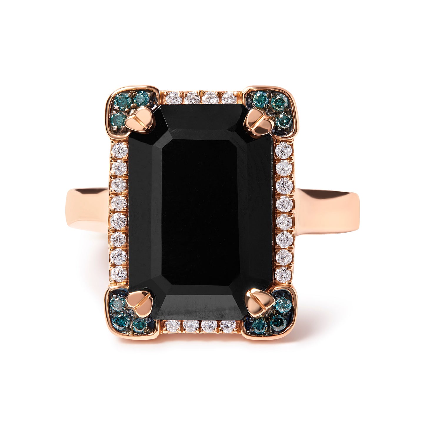 14K Rose Gold 15x10 MM Emerald-Cut Black Onyx and 1/5 Cttw Blue and White Diamond Halo Cocktail Ring (G-H Color, SI1-SI2 Clarity)- Size 7