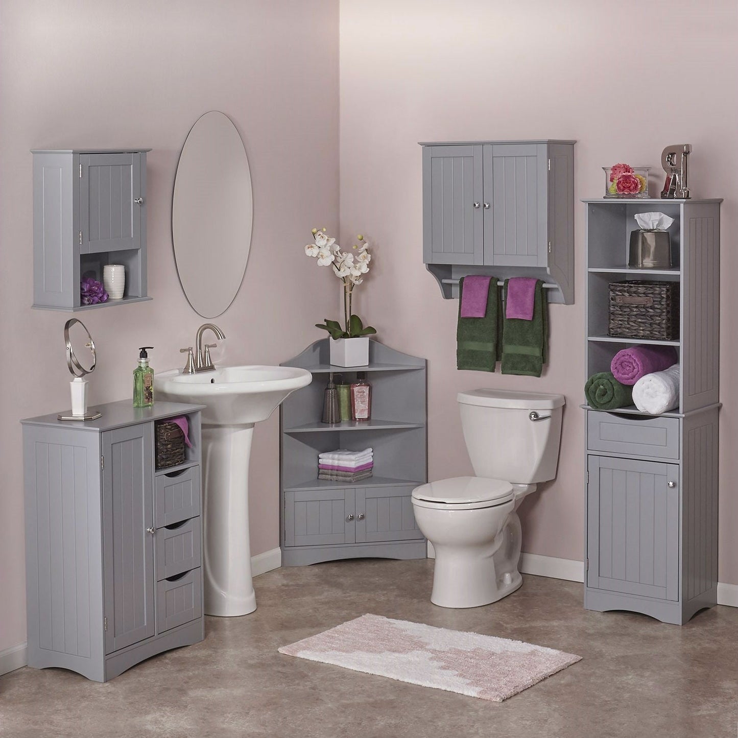 Gabinete de pared gris de 2 puertas para baño con toallero