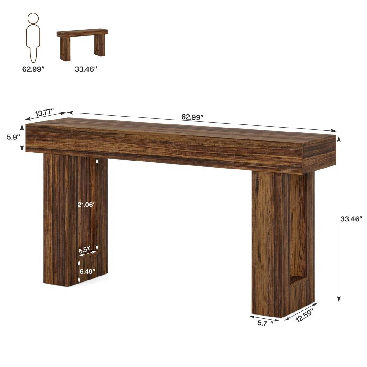 Mesa Consola Estrecha Larga de 63 Pulgadas Estilo Casa de Campo Moderna con Acabado de Madera Marrón