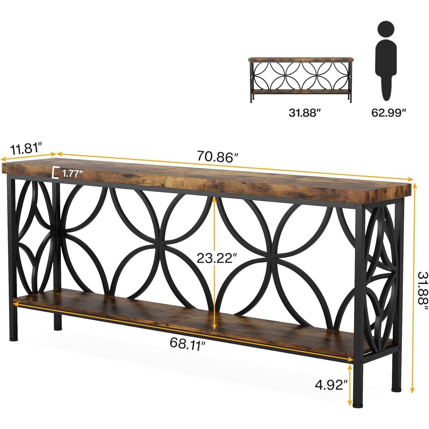 Mesa de sofá consola estrecha y larga moderna de 70 pulgadas con tapa y estante de madera marrón