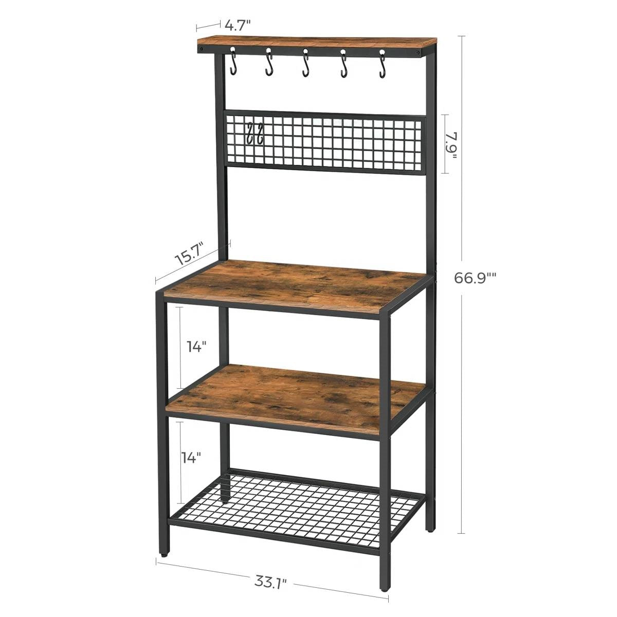 Estante de Cocina para Panaderos de Metal Negro con Estantes de Almacenamiento de Madera y Soporte para Microondas