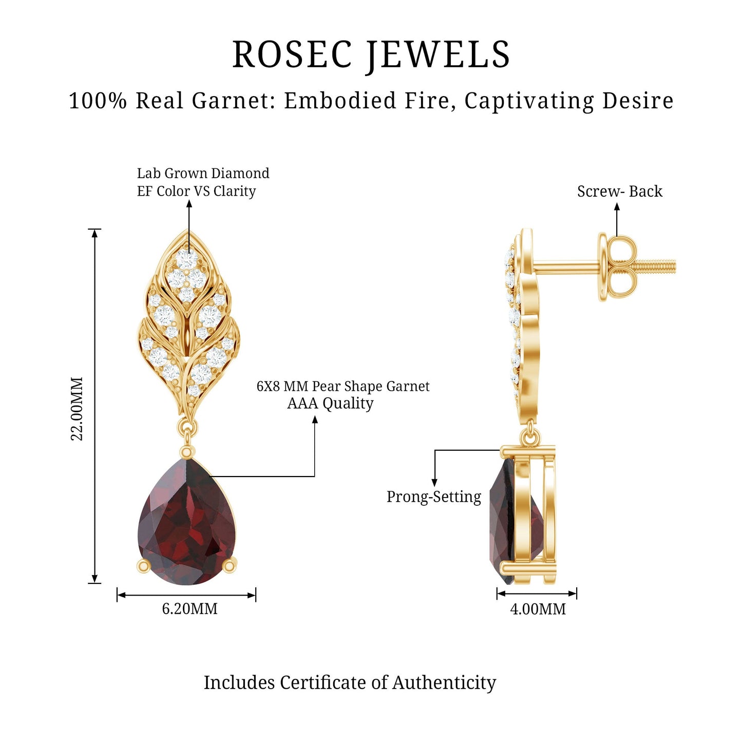 Genuine Garnet Teardrop Earrings with Diamond Leaf Design