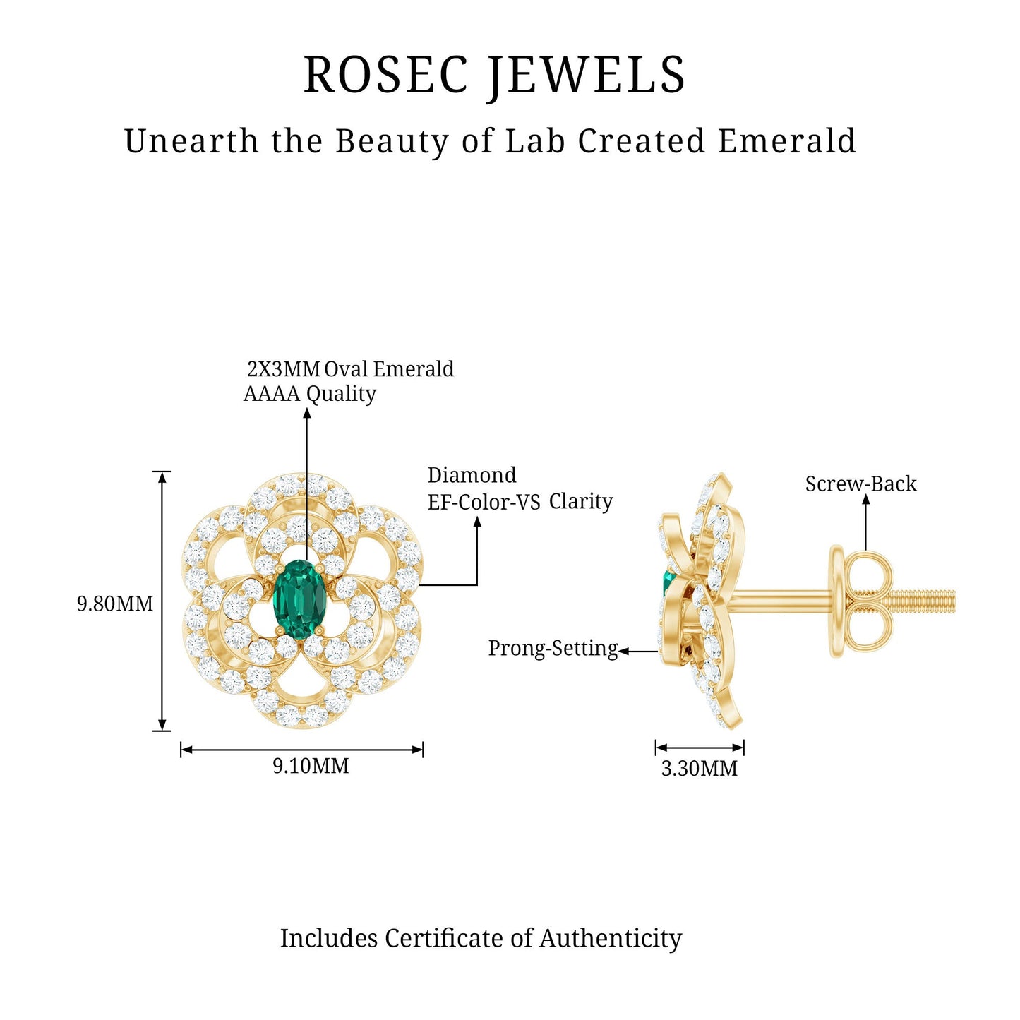 Lab Grown Emerald Diamond Flower Stud Earrings with Screw Back