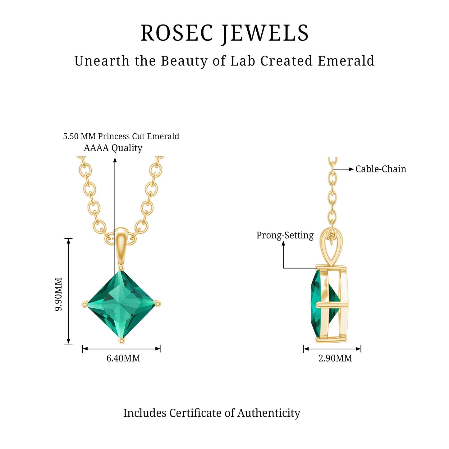 Princess Cut Lab Grown Emerald Solitaire Pendant Necklace with Chain