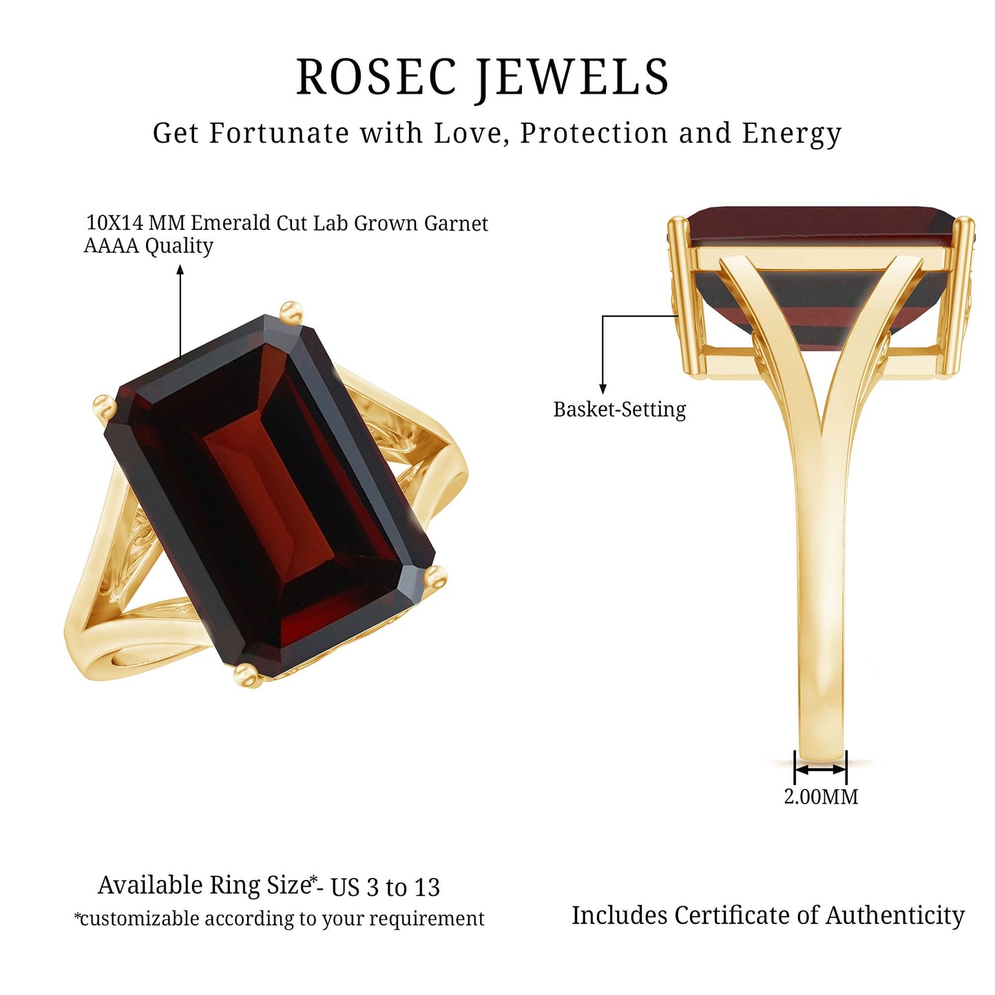 Lab Grown Garnet 10X14 MM Emerald Cut Engagement Ring with Split Shank