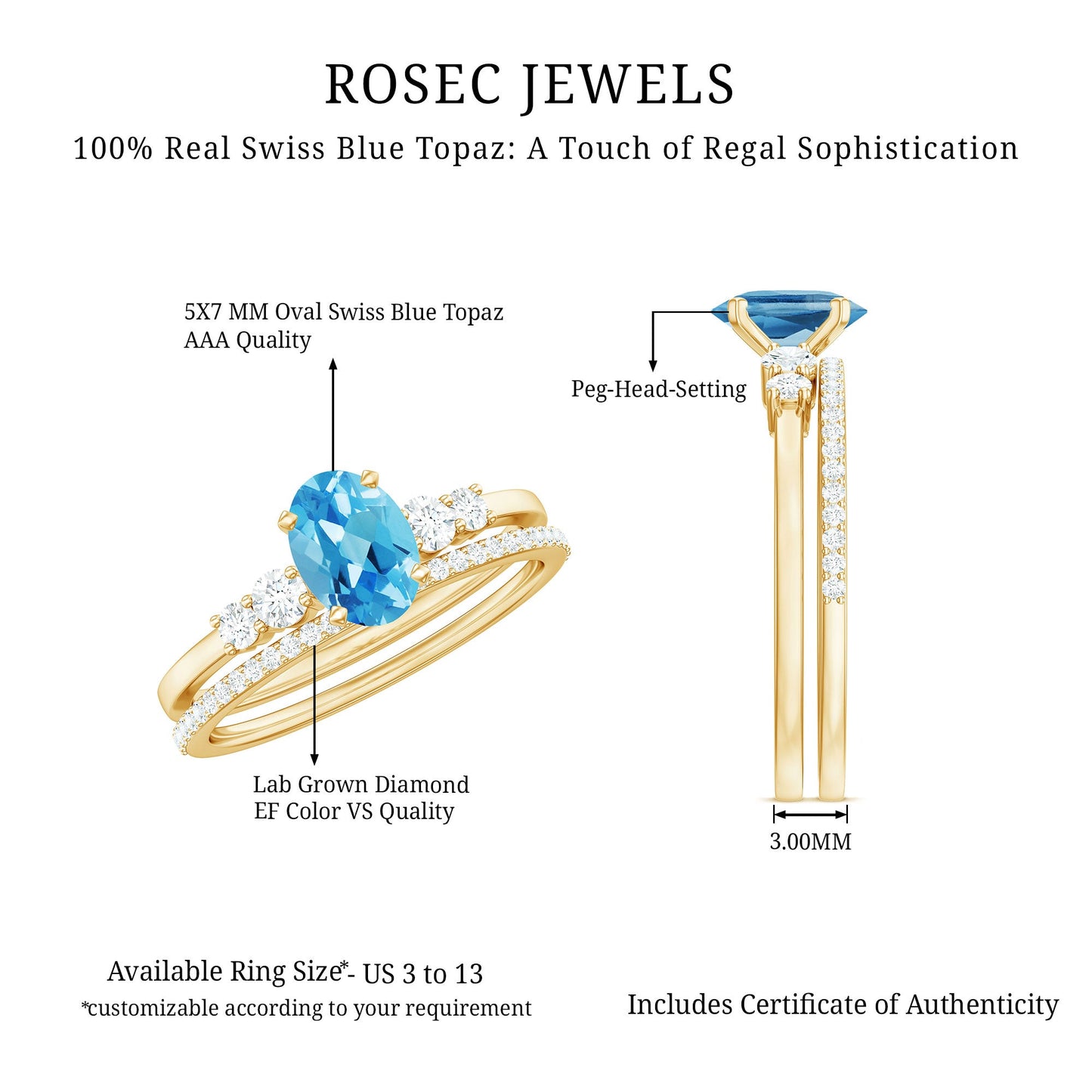 Oval Swiss Blue Topaz Diamond Wedding Ring Set in Silver