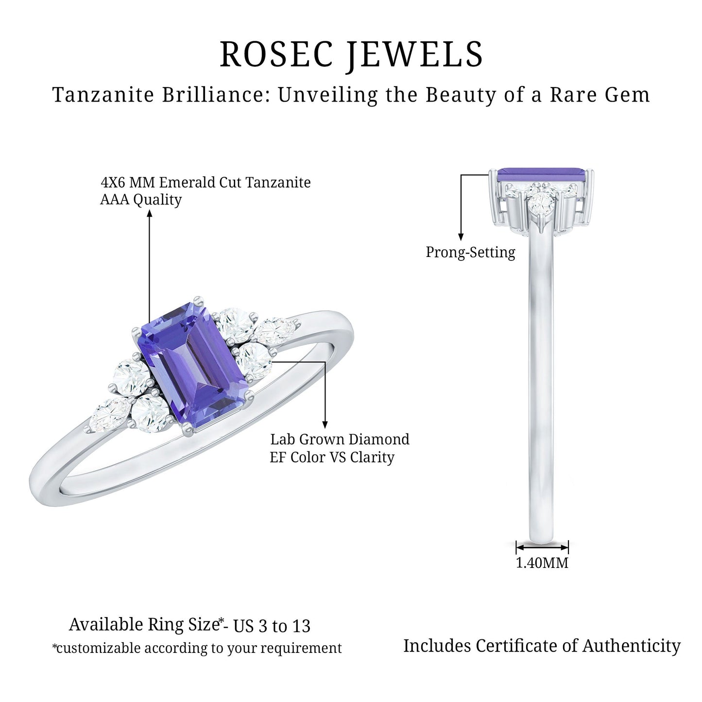Emerald Cut Tanzanite and Diamond Promise Ring in Silver