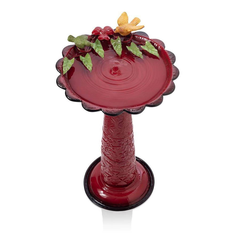 Bañera de pájaros de jardín al aire libre de metal rojo con figuras decorativas de pájaros y hojas