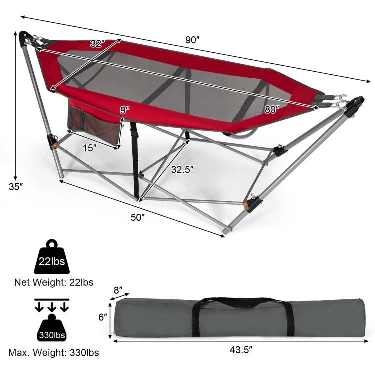 Hamaca plegable portátil de camping roja con soporte y funda de transporte