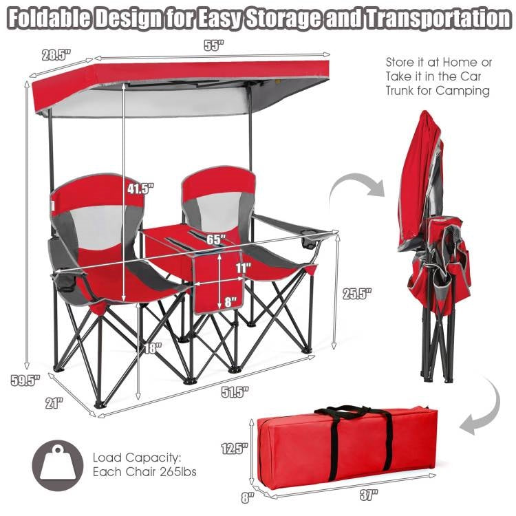Juego de 2 sillas plegables rojas para camping con dosel, portavasos y bolsillo de almacenamiento