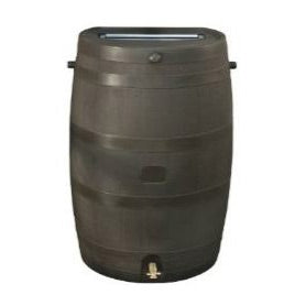 Barril de 50 galones marrón para recolección de agua de lluvia con grifo de latón