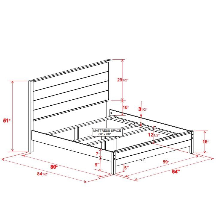 Cama de plataforma rústica FarmHome de pino macizo, tamaño Queen