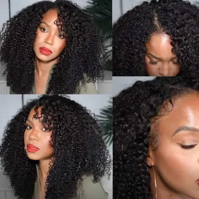 Peluca de cabello humano rizado afro de densidad 200% para mujeres afroamericanas, peluca en V, fácil de instalar, cosida a máquina