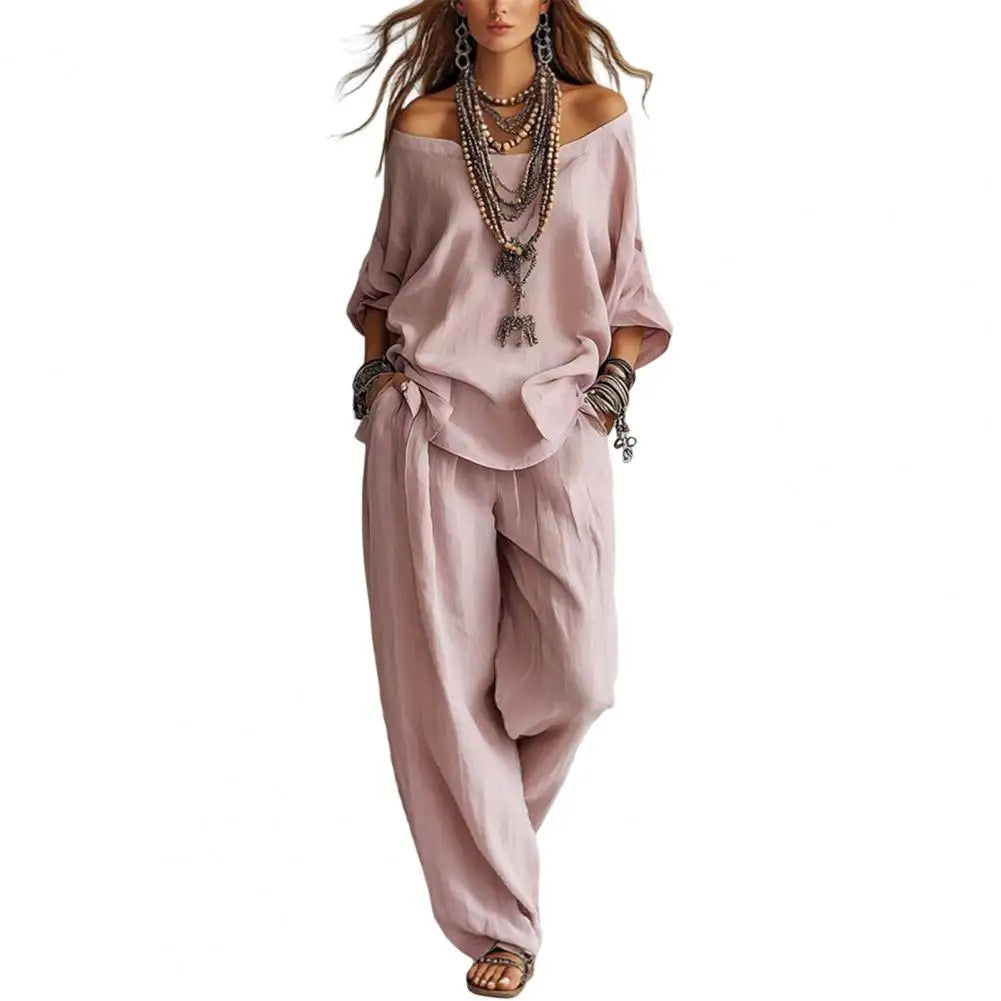 New Elegant Off Shoulder Sling Tops Long Pant Set Summer Women Casual Loose Sleeve Solid 2Pc Suits Fashion Draped Party Suits
