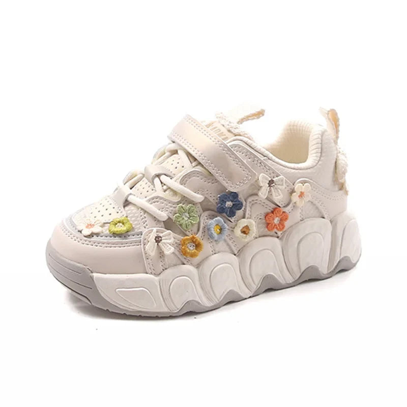 Fashion Leather Sneakers for Girls Children Casual Sports Shoes Floral Pattern Shoes for Kids Comfortable Walking Shoes