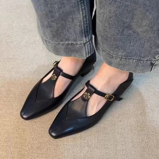 Women's Rose Decor T-Strap Loafers, Vintage Elegant Soft Leather Low Heel Comfort Shoes for Spring Office, Commute & Dating