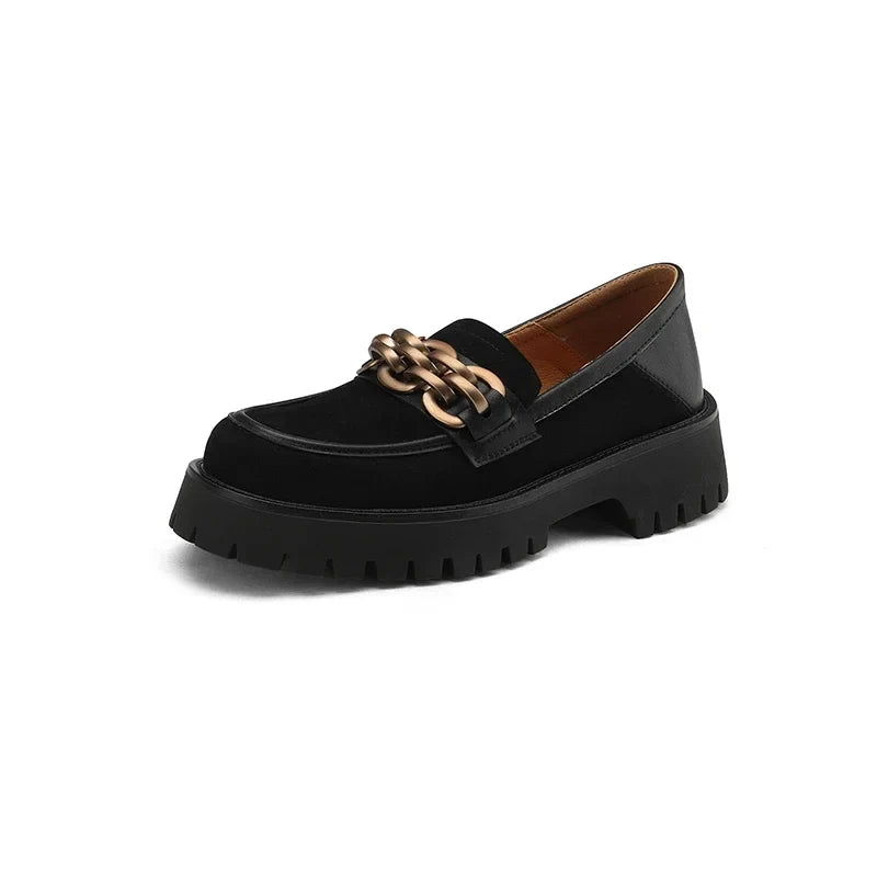 NEW Spring/Autumn Women Loafers Round Toe Chunky Heel Shoes Sheep Suede Shoes for Women Retro Metal Buckle Platform Women Shoes