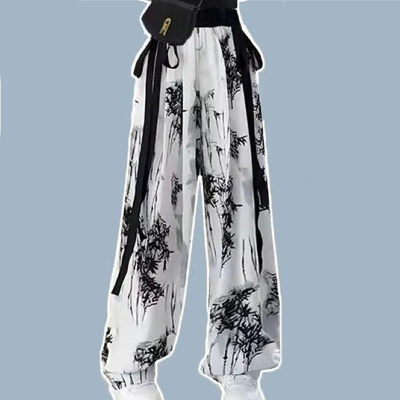 2024 Summer New Korean Style Short Sleeved T-shirt Top Ink Retro Printed Wide Feet Pants Two Piece Set Elegant Women's Pants Set