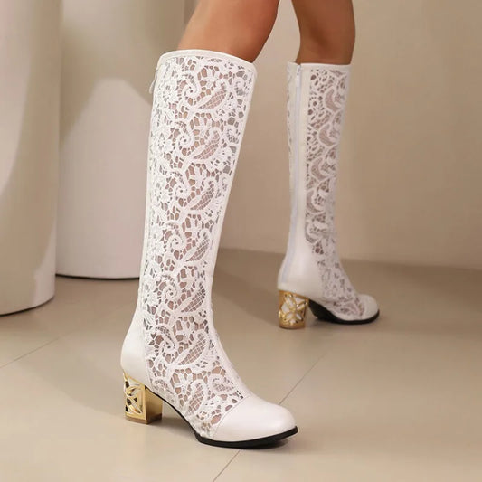 Vintage Hollow Embroider Mesh Surface Knee Length Women's Boot 5.5cm Thick Heel Fashion Women's Boot 34-47 Summer Cool Boots
