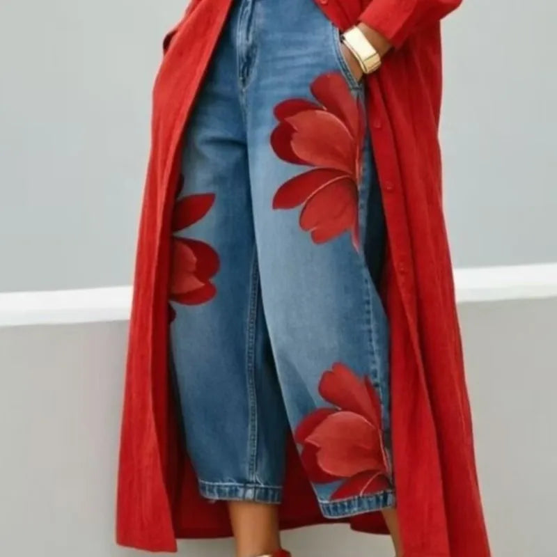Women's Print High Waist Jeans And Shirts Dress Loose Wide Leg Denim Pants Casual Trendy Trousers And Maxi Dress Women Clothing