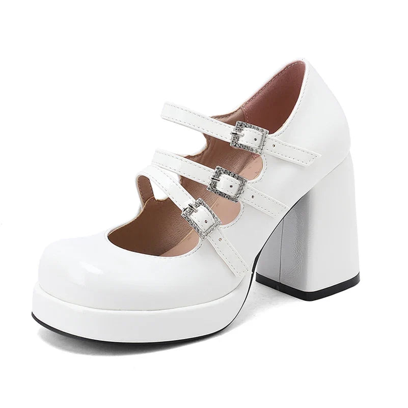 Plus Size Women Red Patent Leather Platform Mary Jane Shoes 3 Rhinestone Buckle Straps Chunky Block Y2K Lolita Party Pumps