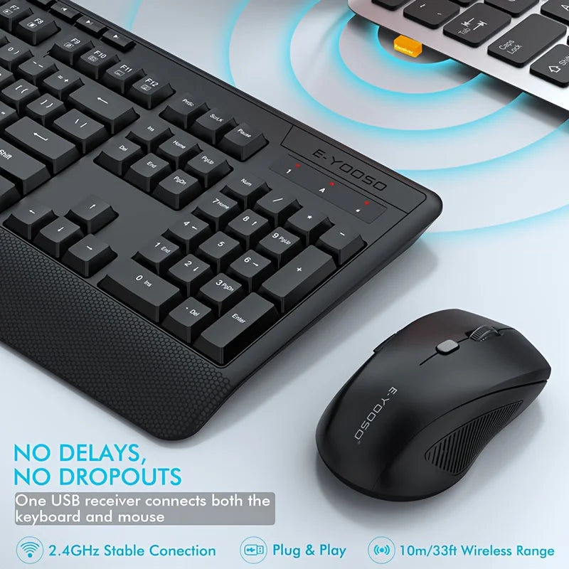 E-YOOSO 1 Set 2.4GHz Wireless Keyboard and Mouse Set,Ergonomic Wrist Rest, Optical Movement Detection,for Personal Computer