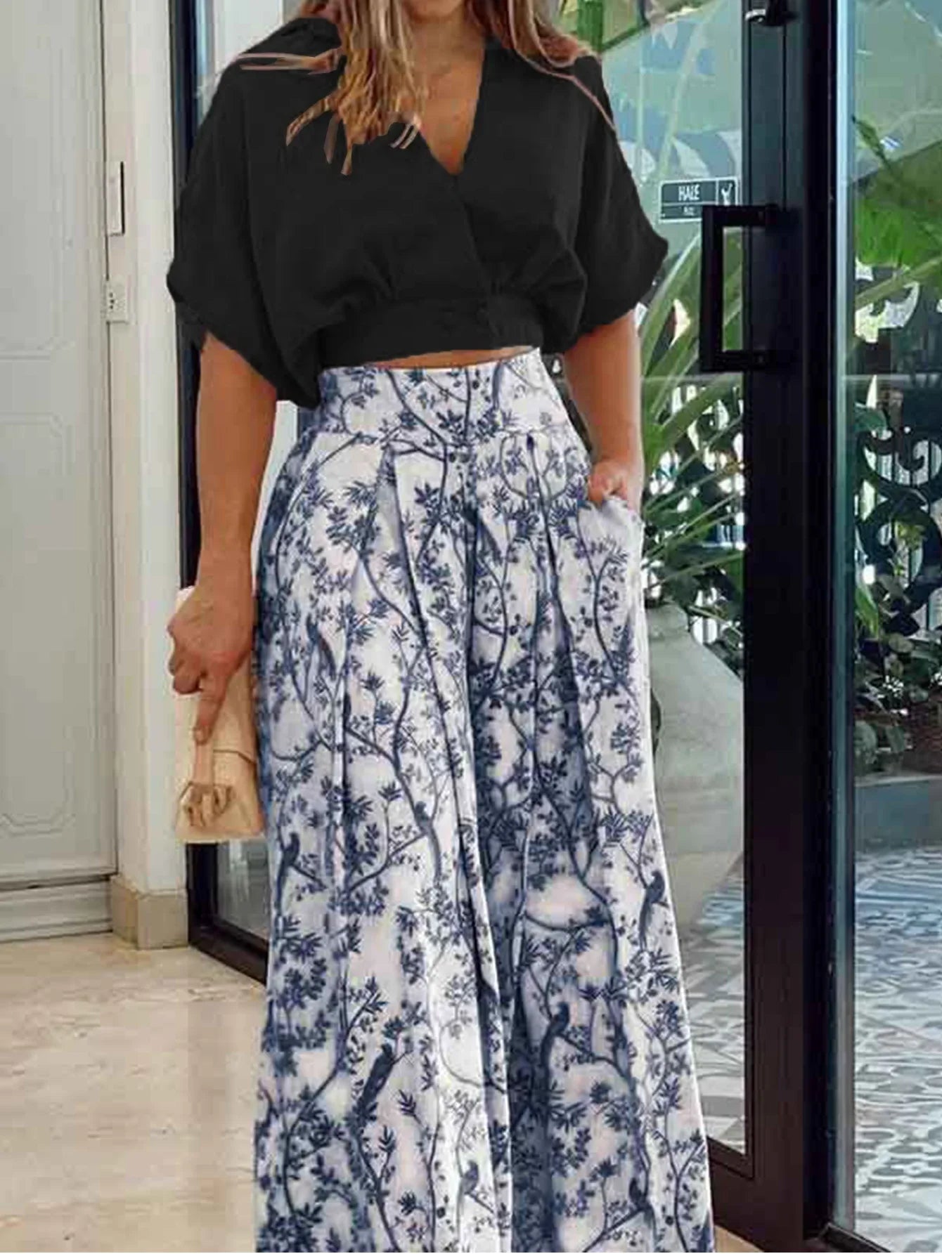 Solid Color V-neck Short Sleeved Floral Print Women's Wide Leg Pants High Street Fashion Daily Versatile Summer Set
