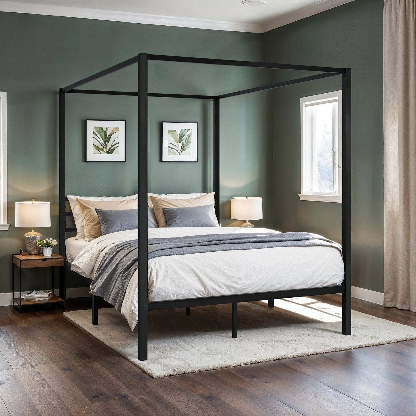 Hoomich Canopy Bed Frame Four Poster Metal Crossbar Easy Assembly