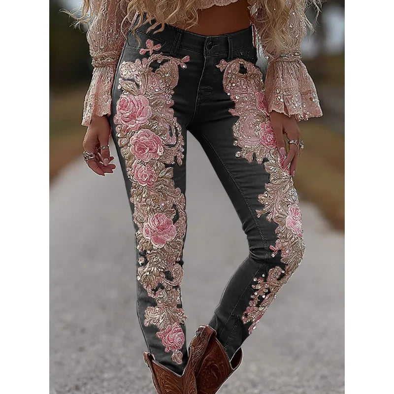 3D Floral Women's Straight Leg Jeans Fashionable and Casual Stretch Denim Pants Comfortable Daily Wear Street Style