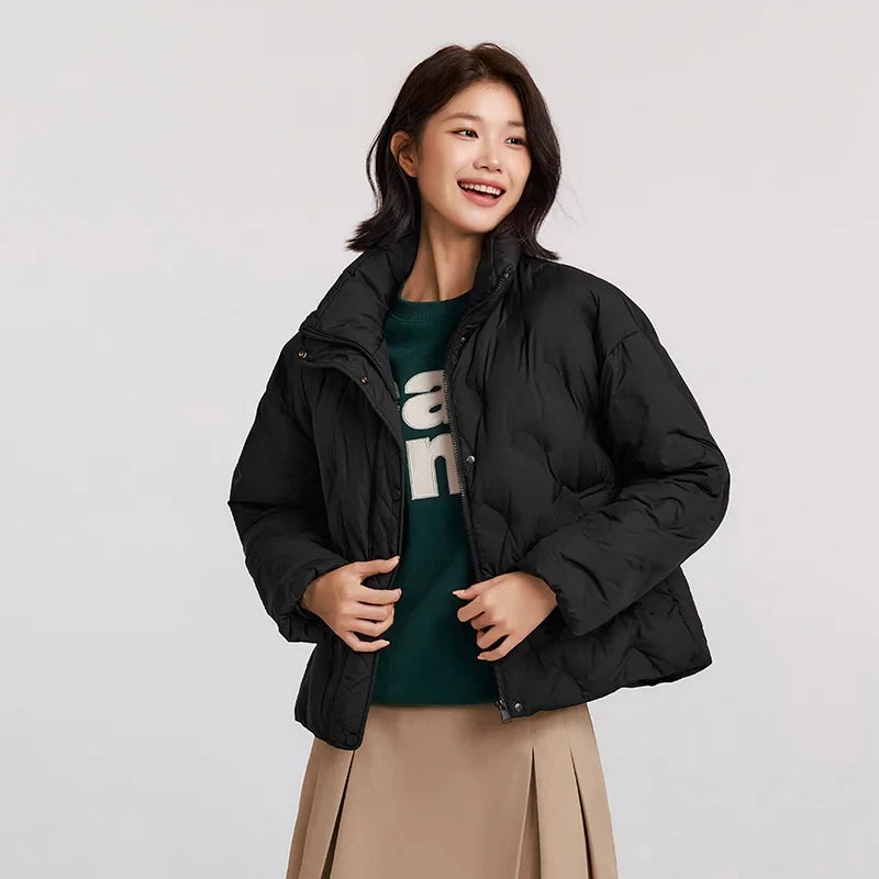 Semir Down Jacket Women Thin Houndstooth Loose 2024 New Winter Waterproof Windproof Stand-Up Collar Wear Down Jacket