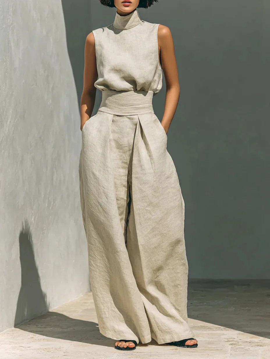 Women's Solid Color 2 Piece Set Sleeveless High Neck Top Back Keyhole High Waist Wide Leg Pants Casual Minimalist Summer Outfit