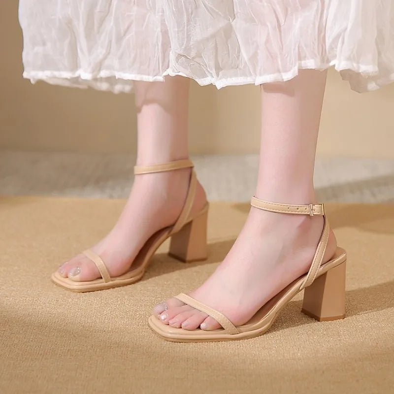 Open-toe Sandals Women 2026 Summer New Buckle Fashion Solid Color Female Shoes Chunky High Heel