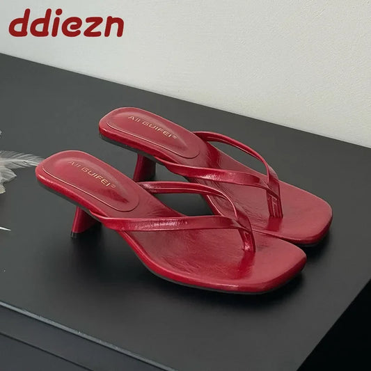 Fashion Square Toe Women 4CM Heels Slippers Slides Sandals Summer Casual Female Flip flops Ladies Thin Heel Slippers Shoes Pumps