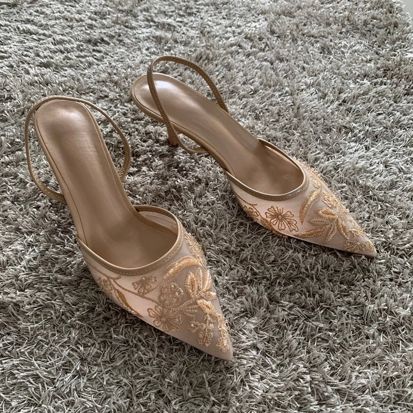 2026 String Bead Mesh Embroider Slingback High Heels Women Sexy Pointed Toe Heeled Sandals Summer Elegant Luxury Designer Shoes