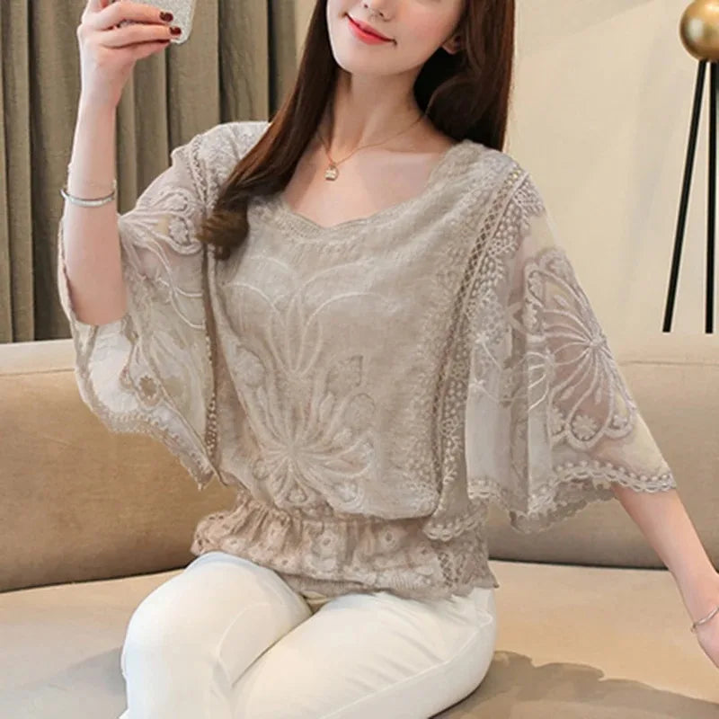 Summer Loose Lace Blouse Women 2025 Butterfly Sleeve Chiffon Shirt Woman Fashion Casual Floral White Shirt Tops Blusas 4073