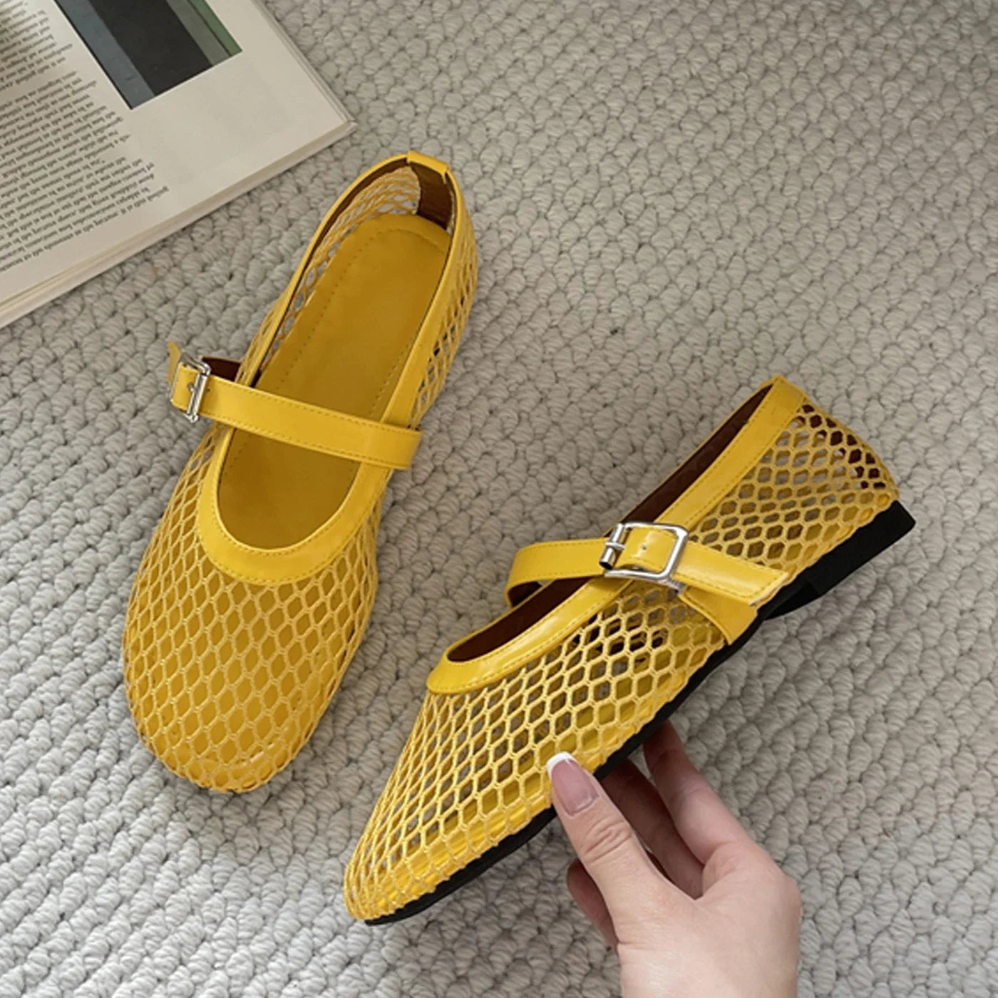 Aneikeh Summer Fishing Net Flat Bottom Sandals Hollow Design Fashio Low Cut Shallow Comfortable Beach Roman Women Shoes