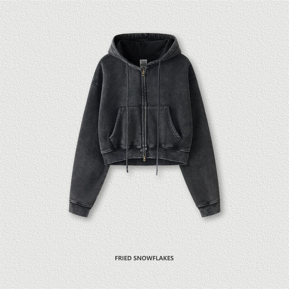 ZODF Retro 2025 Winter Women Short Zipper Hoodies Female Girls Loose 355gsm Thick Fleece Hooded Zip-up Coat Streetwears HY0448