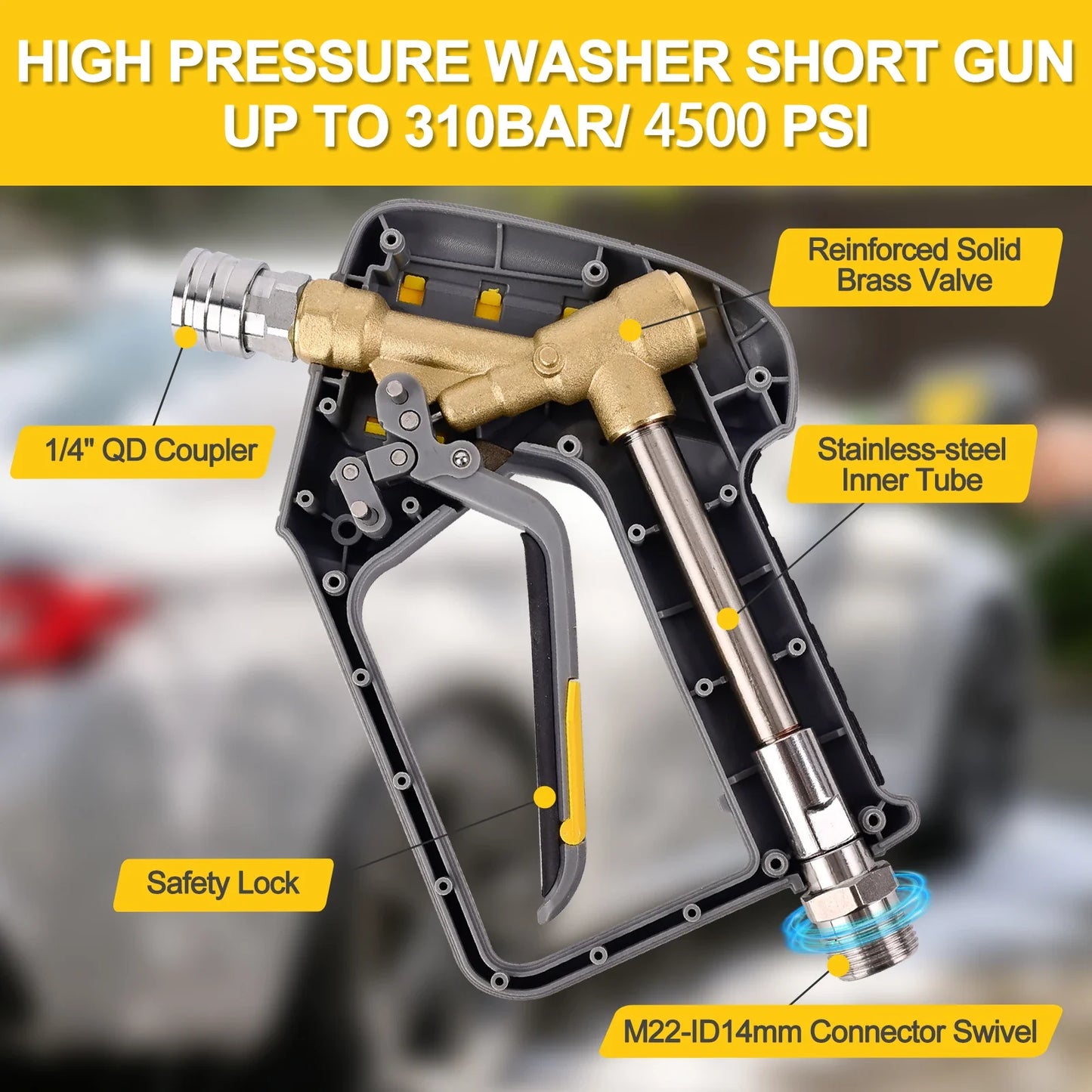BEAR FORCE Pressure Washer Spray Water Gun with M22-14mm Inlet Male Swivel & 1/4” Quick Connector for Nozzles, Wand, Foam Cannon