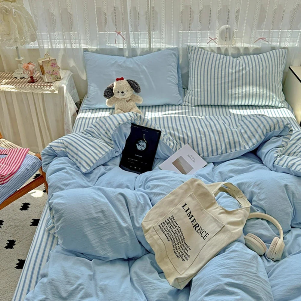 Ins Style Stripes Bedding Duvet Cover Set with Pillowcase bed sheet Full Size Bed Linen Quilt Cover Set Queen/King Double Single