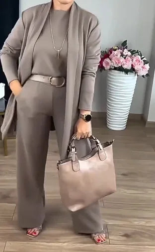 2026 Elegant Ladies Clothing 3 Pieces Set Autumn White Long Cardigan Coat Wide Leg Pants Sets T-shirt Three-piece Outfit Women