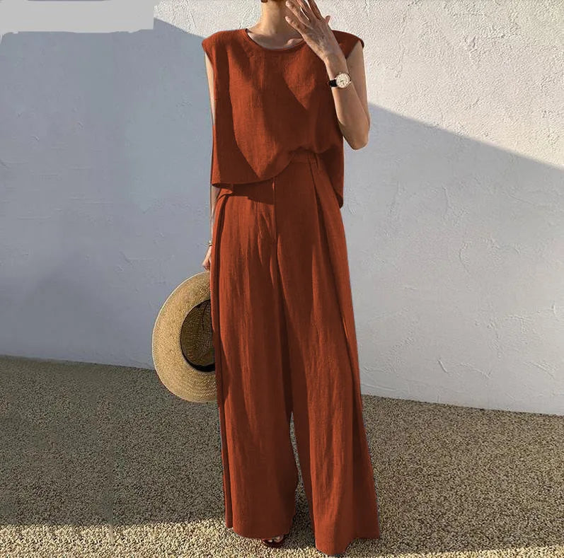 Lady Casual Loose 2 Piece Sets Fashion O-Neck Sleeveless Pullover Tops+wide Leg Pants Two Piece Sets For Women Summer Office New