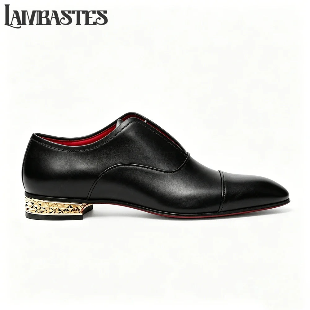 Gold Geometric Heel Patent Leather Mens Loafers Polished Glossy Upper Red Lining Formal Dress Shoes Embossed Gold Heel Loafers