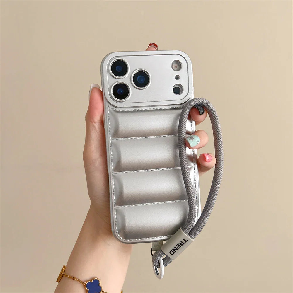 Soft Down Jacket Silicone Case For iPhone 17 16 15 14 13 12 11 Pro Max Plus Air Shockproof Camera Protection Wrist Strap Cover