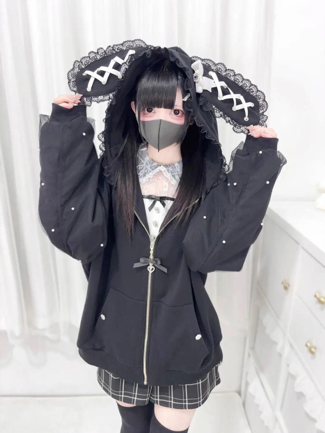 Subculture Japanese Retro Long Sleeve Hoodie Cat Ears Lace Decoration Women Casual Sweatshirt Gothic Y2K Harajuku Autumn Coat