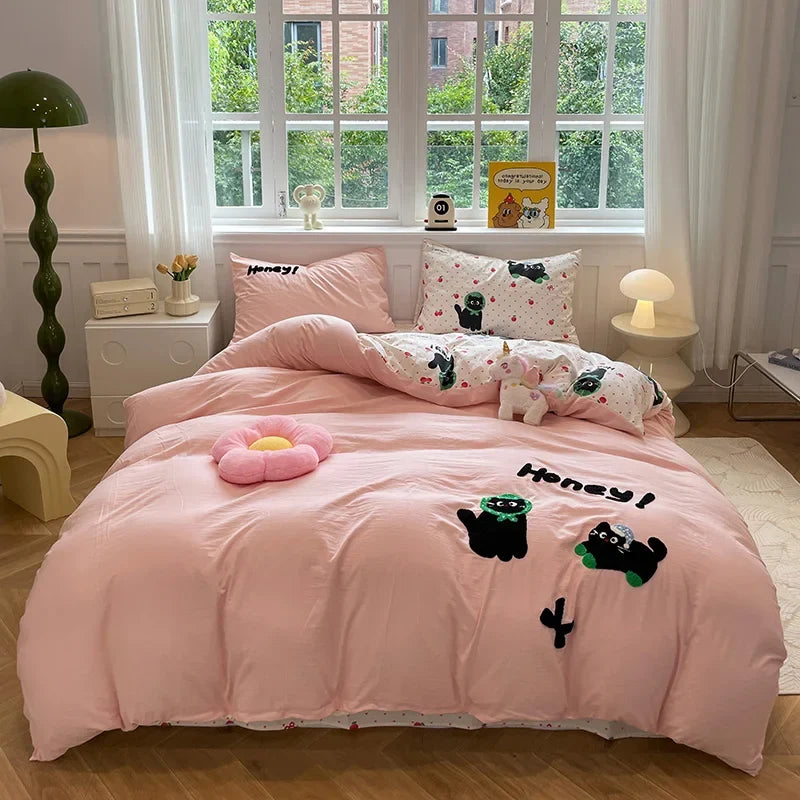 Cute Cat Bedding Set For adults kids Brown pink Lovely Bed Sheet set With Pillowcases Colorful King Queen Full size