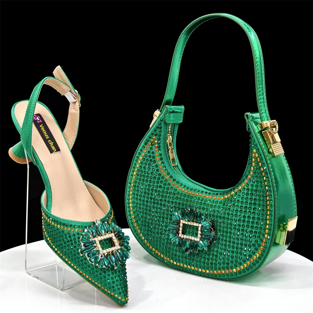 doershow Italian Shoes And Bag Sets For Evening Party With Stones Italian Leather Handbags Match Bags! HFG1-21